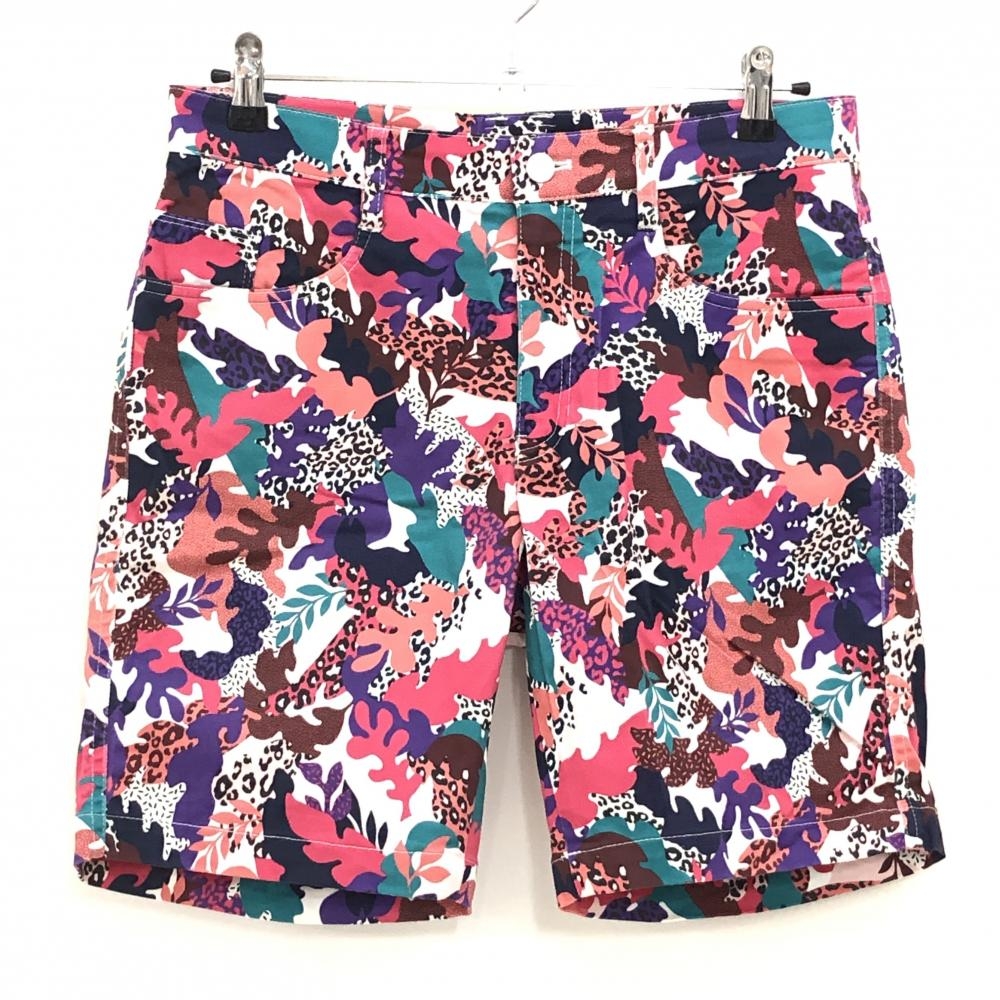 【美品】ジャックバニー ハーフパンツ ピンク×パープル 総柄 リーフ 一部レオパード柄 コットン混  メンズ 4(M) ゴルフウェア Jack Bunny