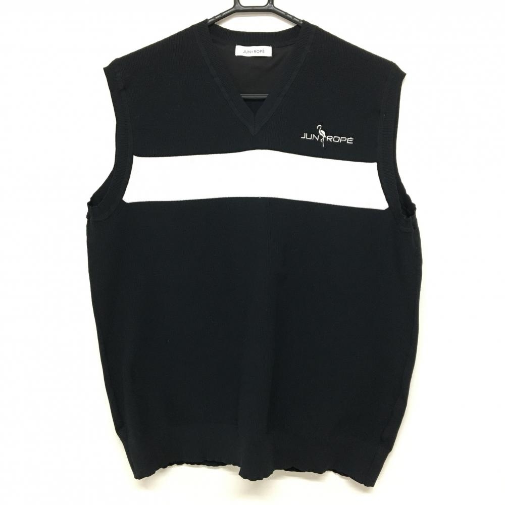 【美品】ジュンアンドロペ ニットベスト 黒×白 ロゴ刺しゅう メンズ L ゴルフウェア JUN＆ROPE
