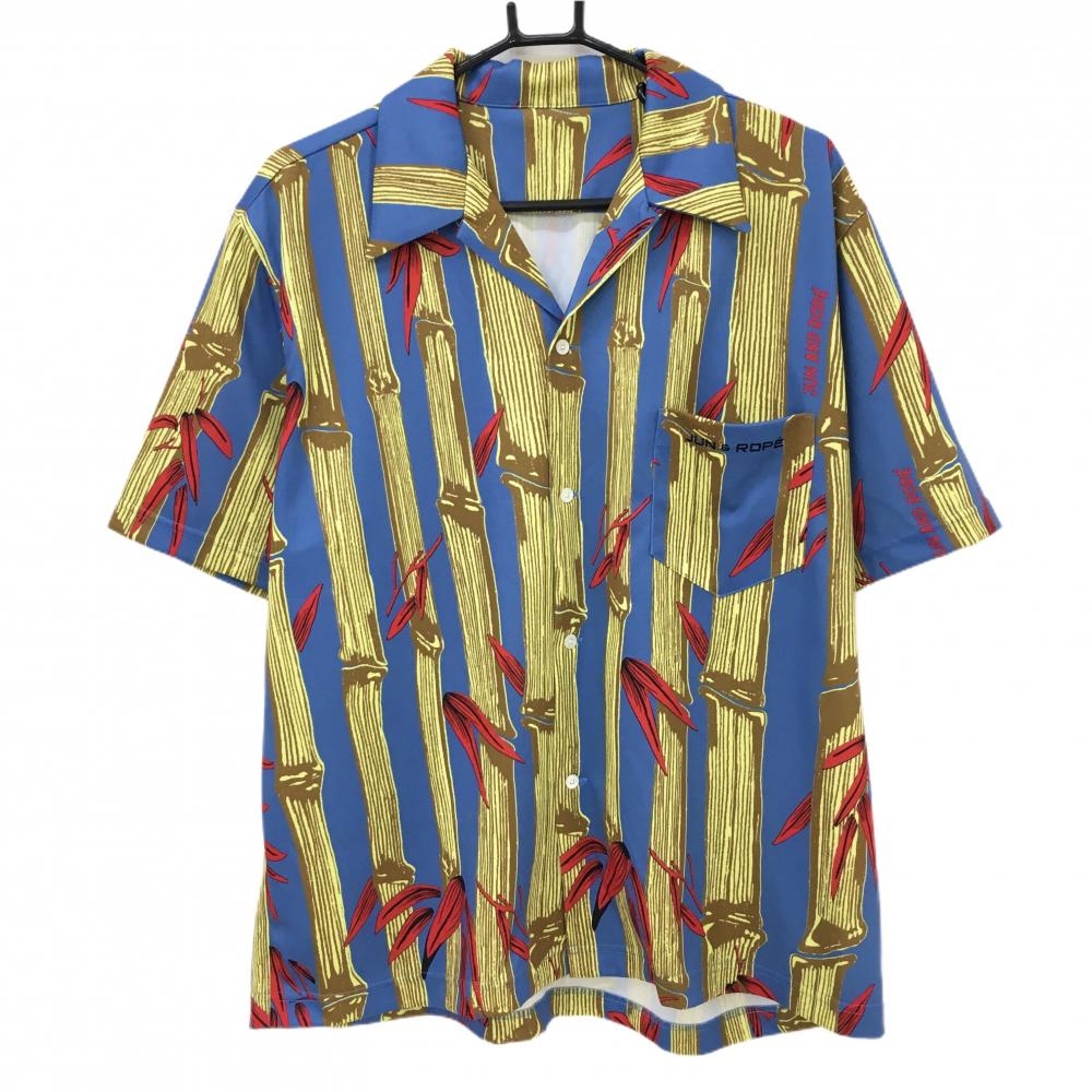 【超美品】ジュンアンドロペ 半袖シャツ スモーキーブルー×ライトイエロー×ライトブラウン 総柄  メンズ L ゴルフウェア JUN＆ROPE