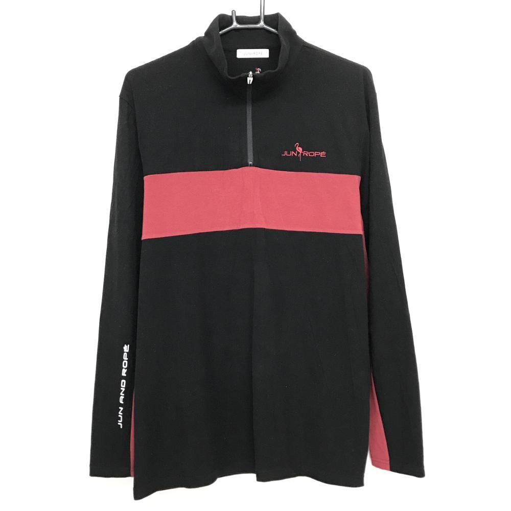 【美品】ジュンアンドロペ 長袖ハイネックシャツ 黒×レッド ハーフジップ 微起毛 胸ロゴ  メンズ L ゴルフウェア JUN＆ROPE