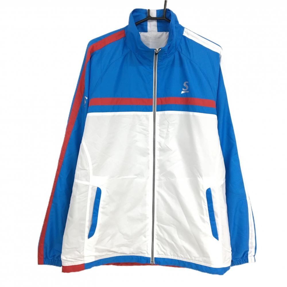 【超美品】スリクソン ジャケット 白×ブルー×レッド 胸ロゴ 裏地付 裾ドローコード メンズ XO(2XL) ゴルフウェア SRIXON