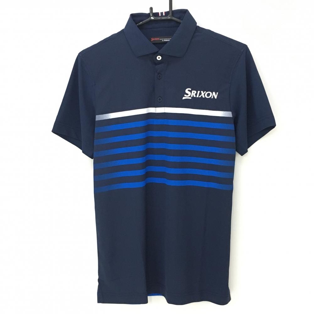 【新品】スリクソンbyデサント 半袖ポロシャツ ネイビー×ブルー 胸ボーダー COOL UVカット メンズ M ゴルフウェア SRIXON