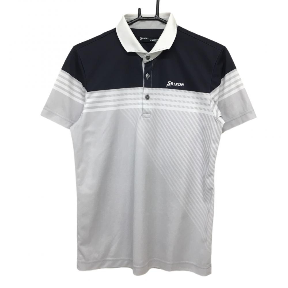 【美品】スリクソンbyデサント 半袖ポロシャツ ライトグレー×ネイビー 一部斜め柄 メンズ M ゴルフウェア SRIXON