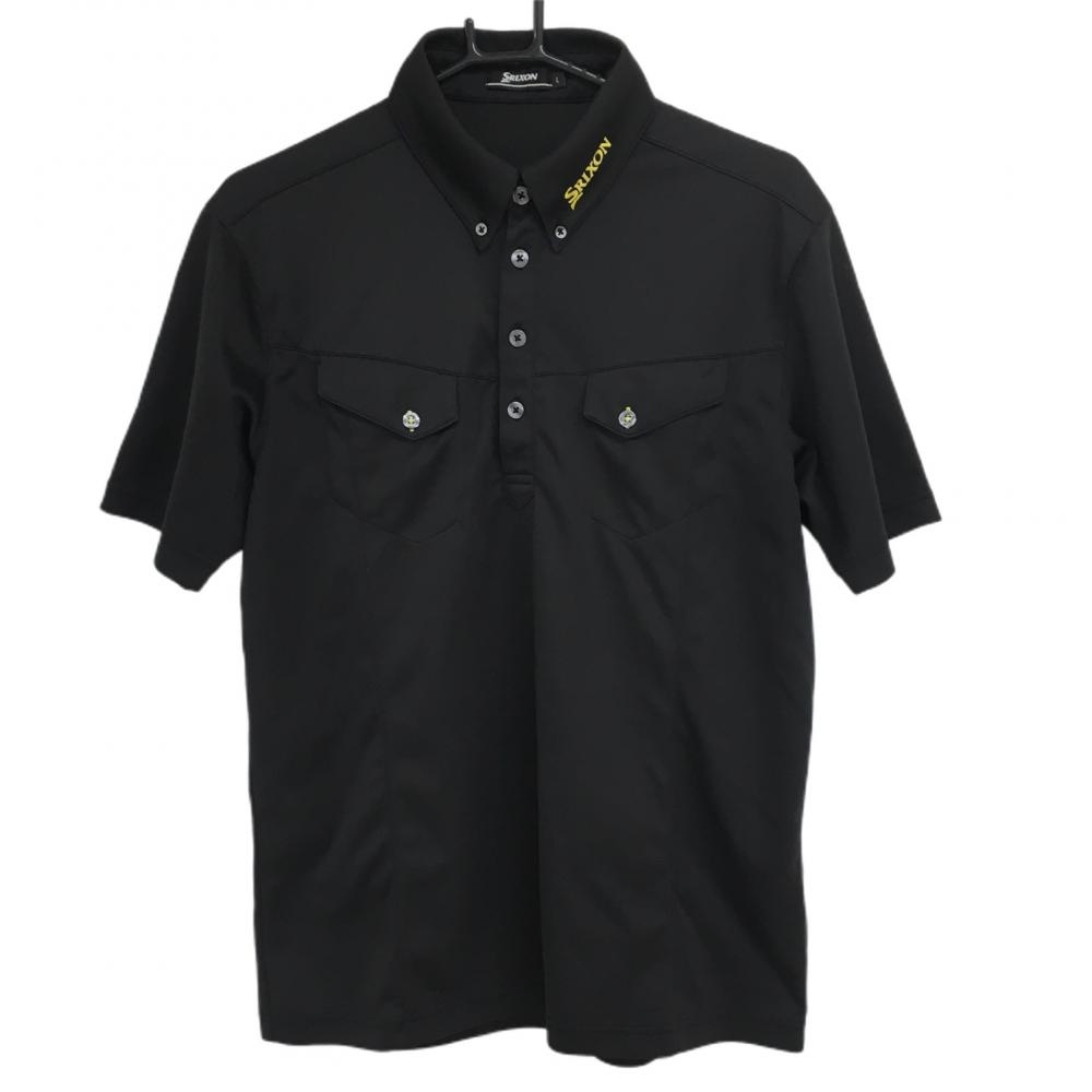 【超美品】スリクソン 半袖ポロシャツ 黒 ネックロゴイエロー ボタンダウン 胸ポケット メンズ L ゴルフウェア SRIXON