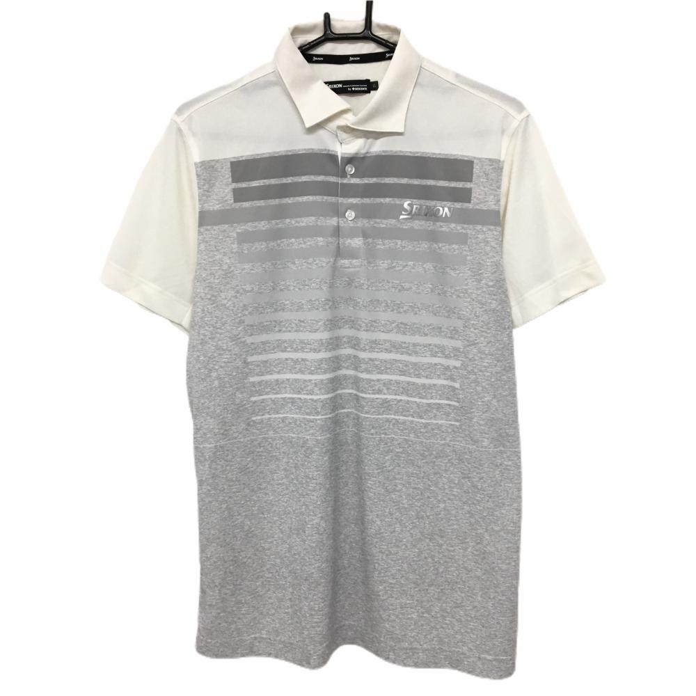 【超美品】スリクソンバイデサント 半袖ポロシャツ 白×杢グレー 前身頃ボーダー調 メンズ LL ゴルフウェア SRIXON