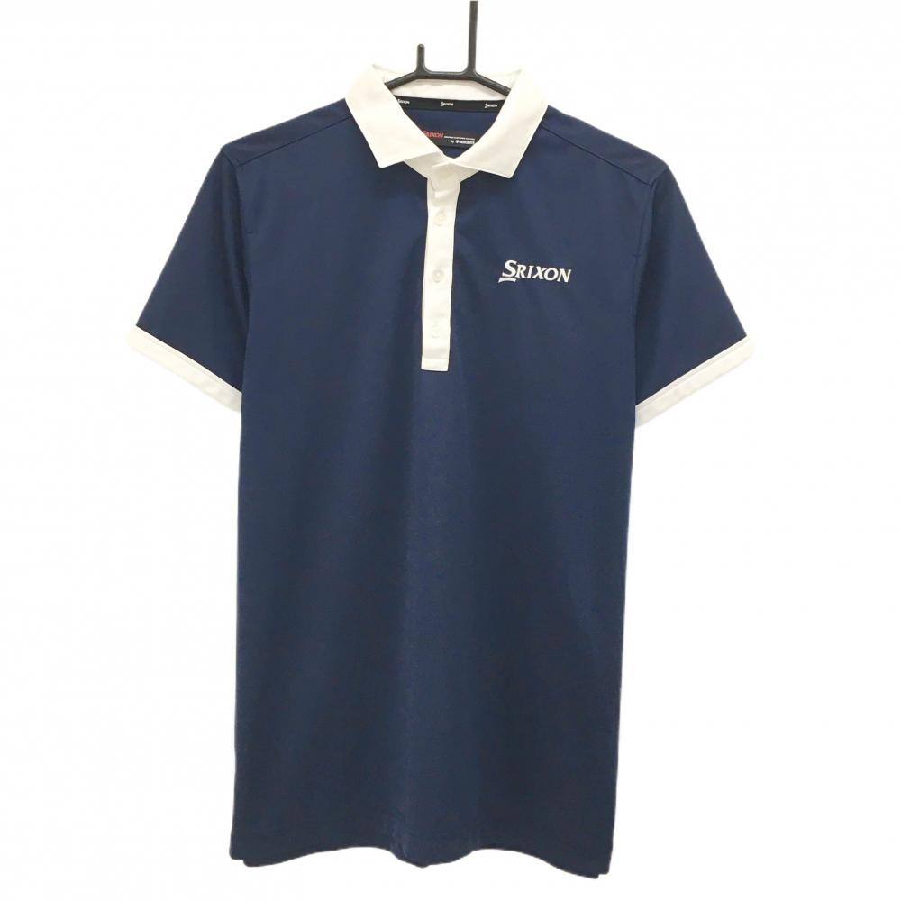 【美品】スリクソンバイデサント 半袖ポロシャツ ネイビー×白 胸ロゴ刺しゅう メンズ L ゴルフウェア SRIXON