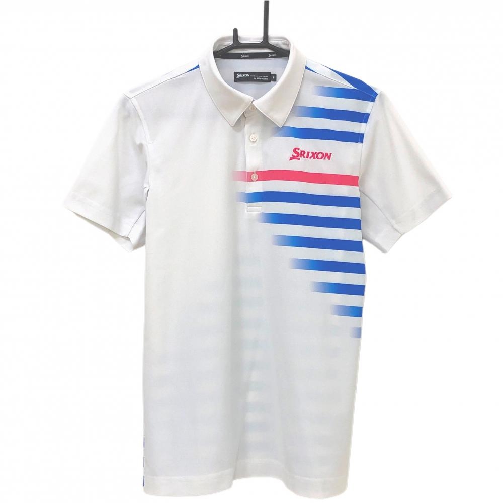 【超美品】スリクソンバイデサント 半袖ポロシャツ 白×ブルー 身頃一部ボーダー メンズ M ゴルフウェア SRIXON
