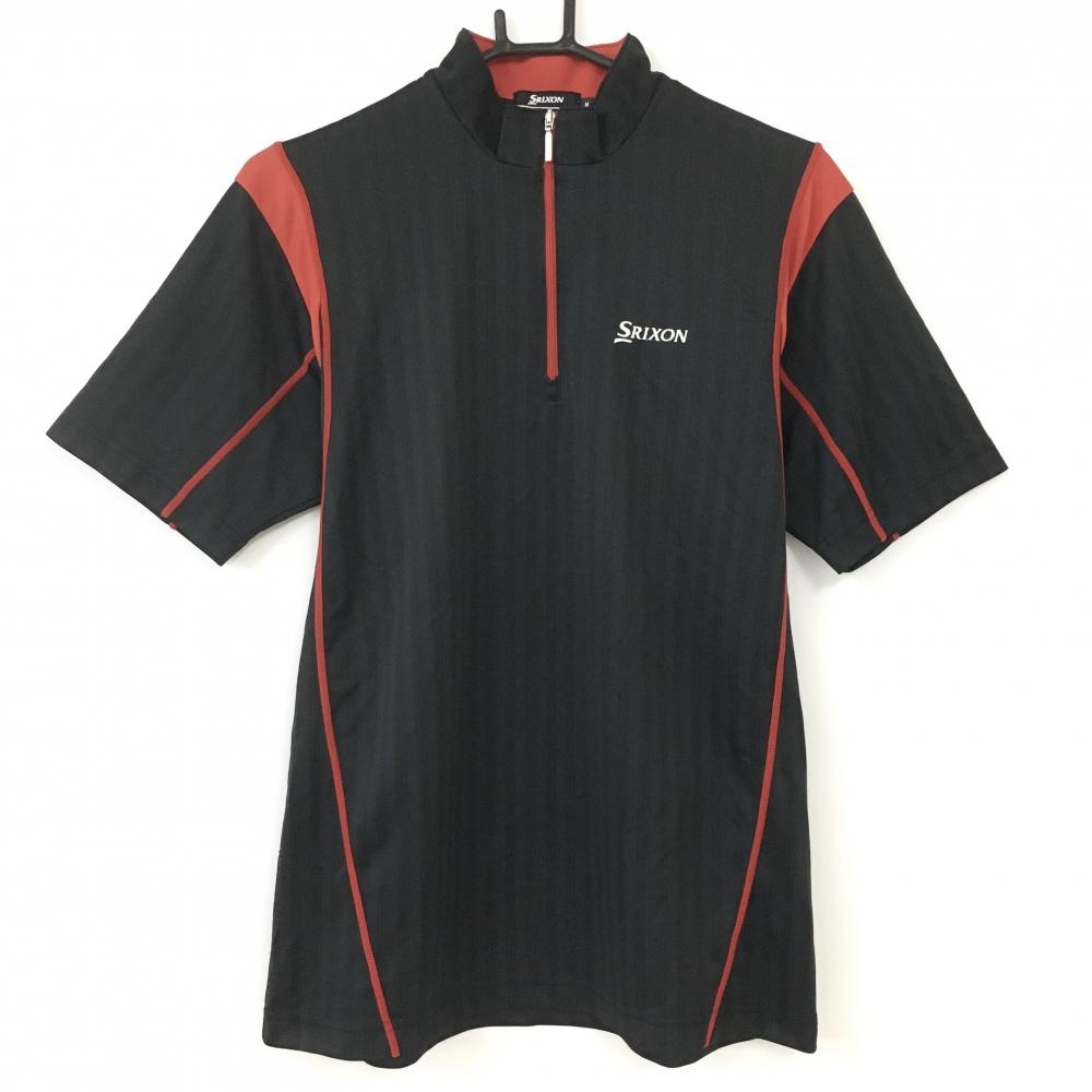 SRIXON スリクソン 半袖ハイネックシャツ 黒×レッド ストライプ ハーフジップ メンズ M ゴルフウェア