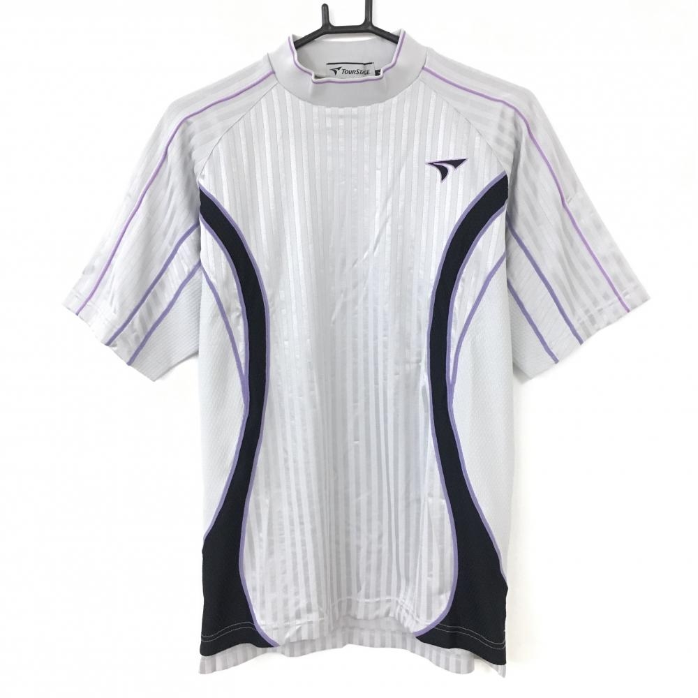 XXIO ツアーステージ 半袖ハイネックシャツ グレー×パープル ストライプ織生地 ストレッチ  メンズ M ゴルフウェア