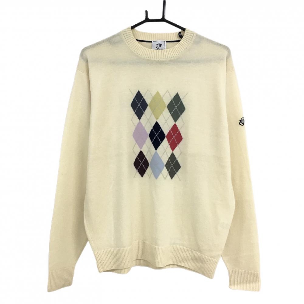 ゾーイ セーター アイボリー×マルチカラー ダイヤ柄 ウール100％ セーター メンズ 2(M) ゴルフウェア ZOY