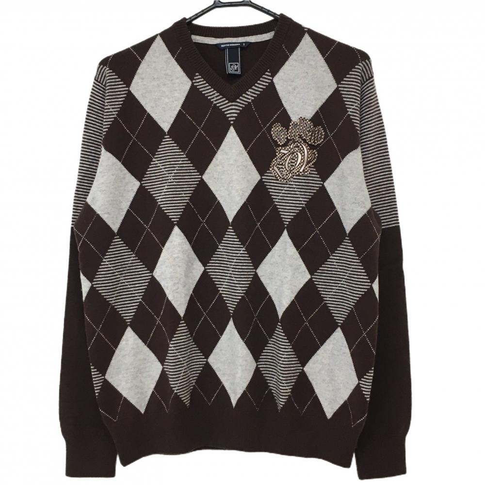 【美品】ゾーイ セーター ブラウン×グレー アーガイル柄 胸元ロロゴ ニット ウール85％ カシミヤ15％  メンズ 2(M) ゴルフウェア ZOY