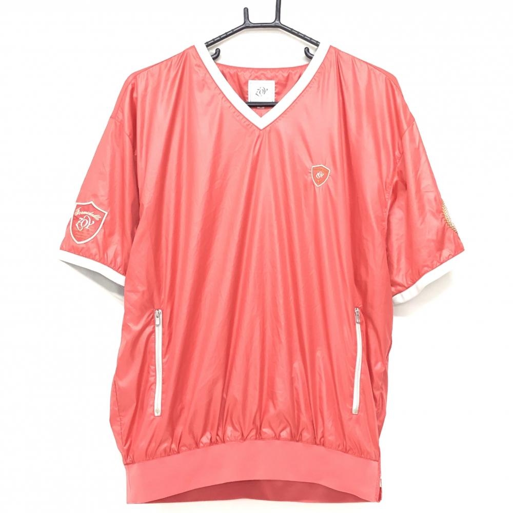【美品】ゾーイ 半袖スニード サーモンピンク系×ライトベージュ 裏メッシュ Vネック ブルゾン メンズ 2(M) ゴルフウェア ZOY