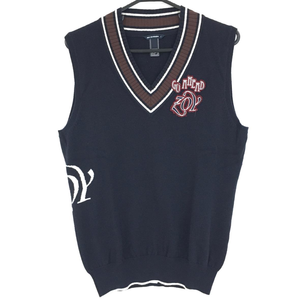 【美品】ゾーイ ニットベスト ネイビー×ブラウン×白 ウール混 Vネック ダメージ加工ワッペン メンズ 1(S) ゴルフウェア ZOY