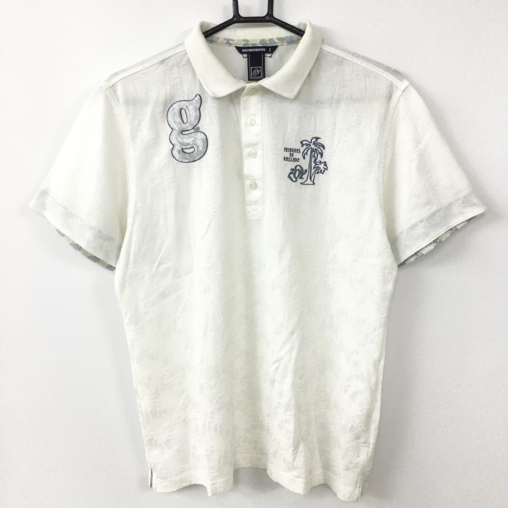 ZOY ゾーイ 半袖ポロシャツ 白×スモーキーブルー ヤシの木総柄 織生地 メンズ 2(M) ゴルフウェア