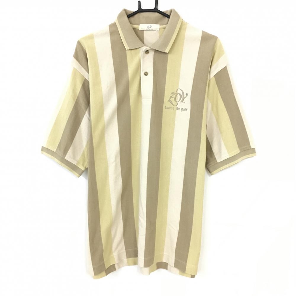 ZOY ゾーイ 半袖ポロシャツ ライトブラウン×ベージュ ストライプ 綿100％ メンズ  ゴルフウェア