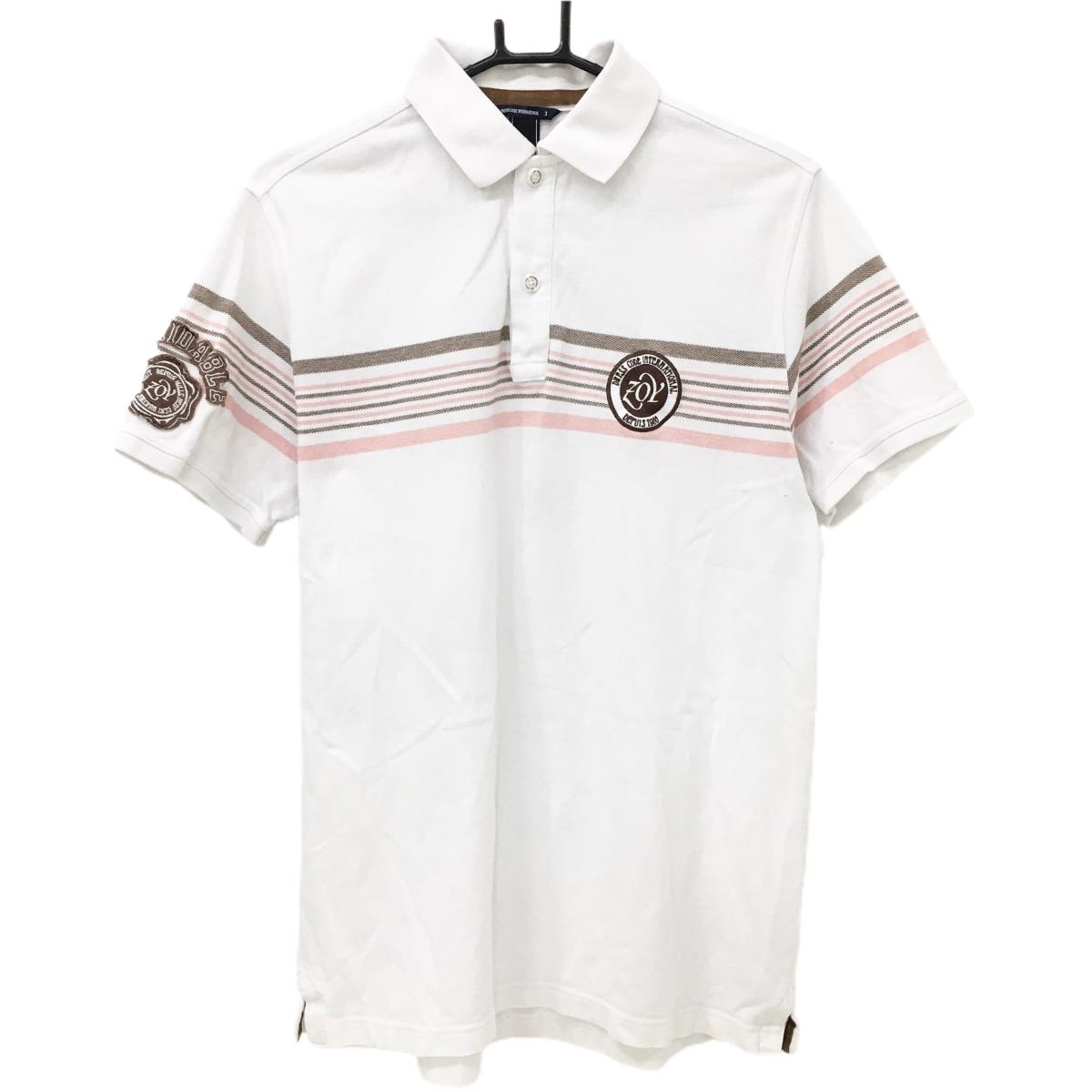 【美品】ゾーイ 半袖ポロシャツ 白×ライトピンク×ブラウン 胸ボーダー コットン100％ メンズ 3(L) ゴルフウェア ZOY