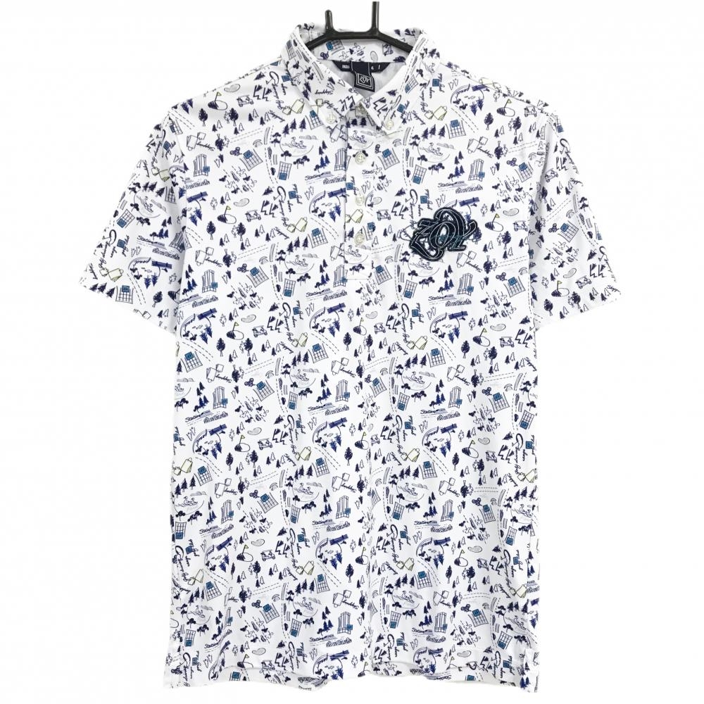 ゾーイ 半袖ポロシャツ 白×ネイビー 総柄 ボタンダウン メンズ 1(S) ゴルフウェア ZOY
