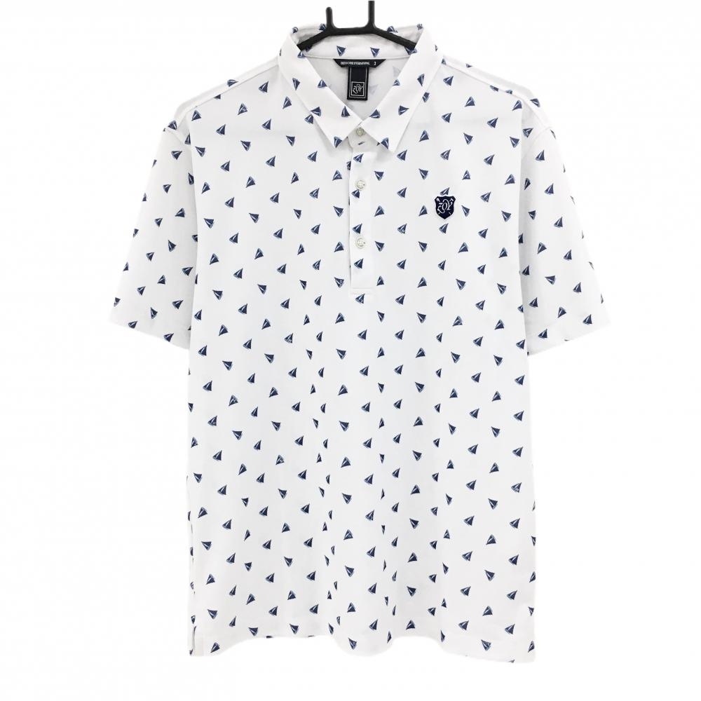 【超美品】ゾーイ 半袖ポロシャツ 白×ネイビー 総柄 ヨット 胸ロゴ メンズ 3(L) ゴルフウェア ZOY
