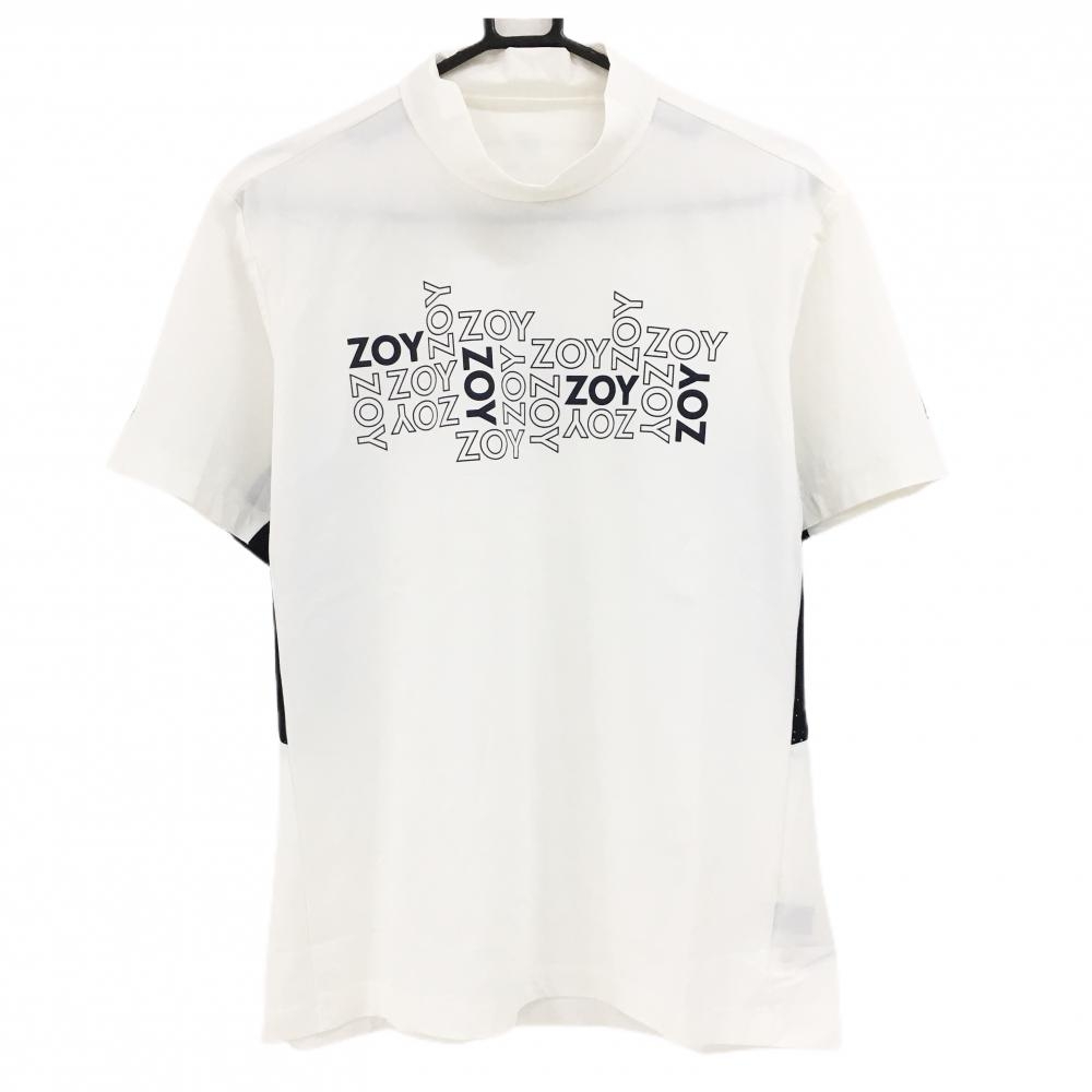 【超美品】ゾーイ 半袖ハイネックシャツ 白系×ダークネイビー フロントロゴプリント 一部メッシュ メンズ 2(M) ゴルフウェア ZOY