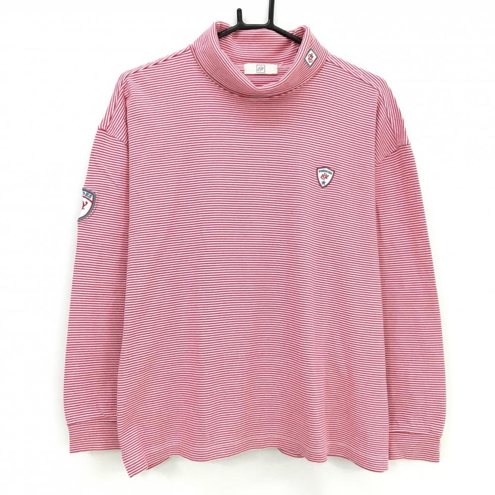 ゾーイ 長袖タートルネックシャツ レッド×白 ボーダー ロゴ刺しゅう メンズ  ゴルフウェア ZOY