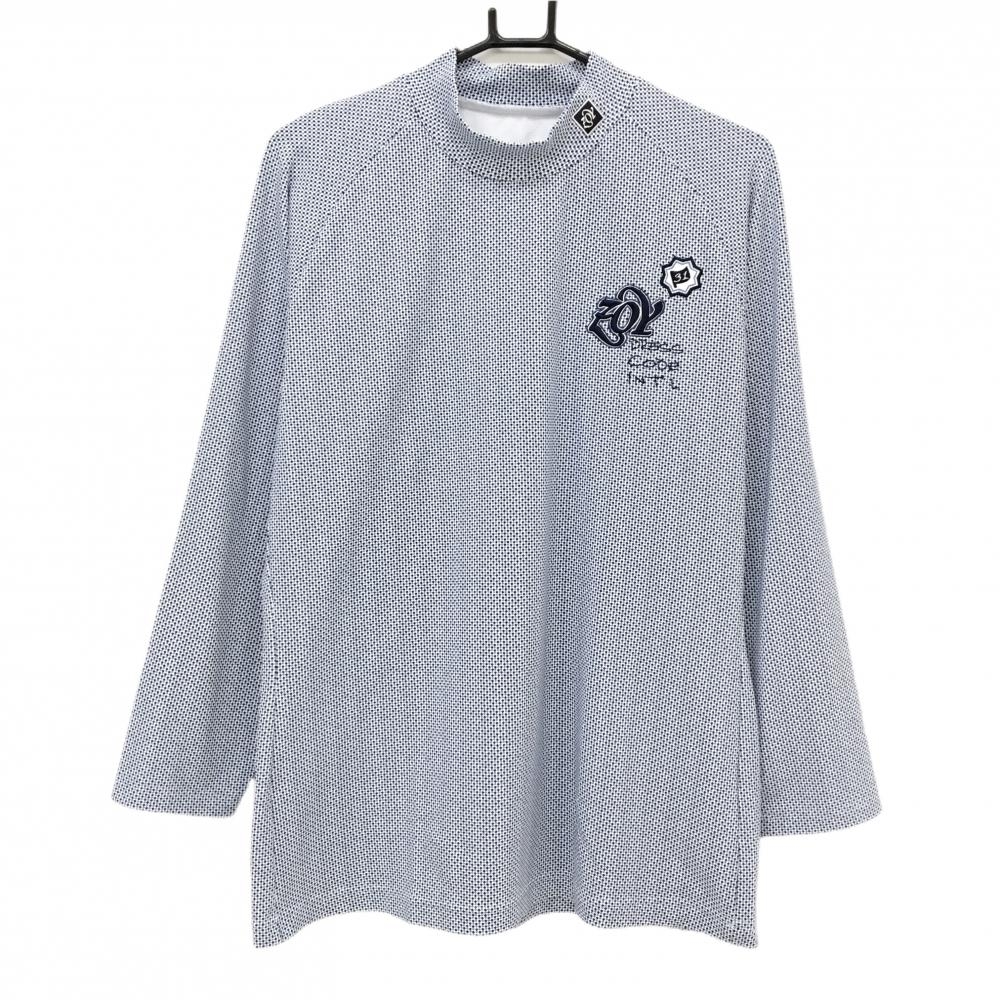 【美品】ゾーイ 長袖ハイネックシャツ 白×ネイビー ドット風 ロゴ刺しゅう メンズ 3(L) ゴルフウェア ZOY