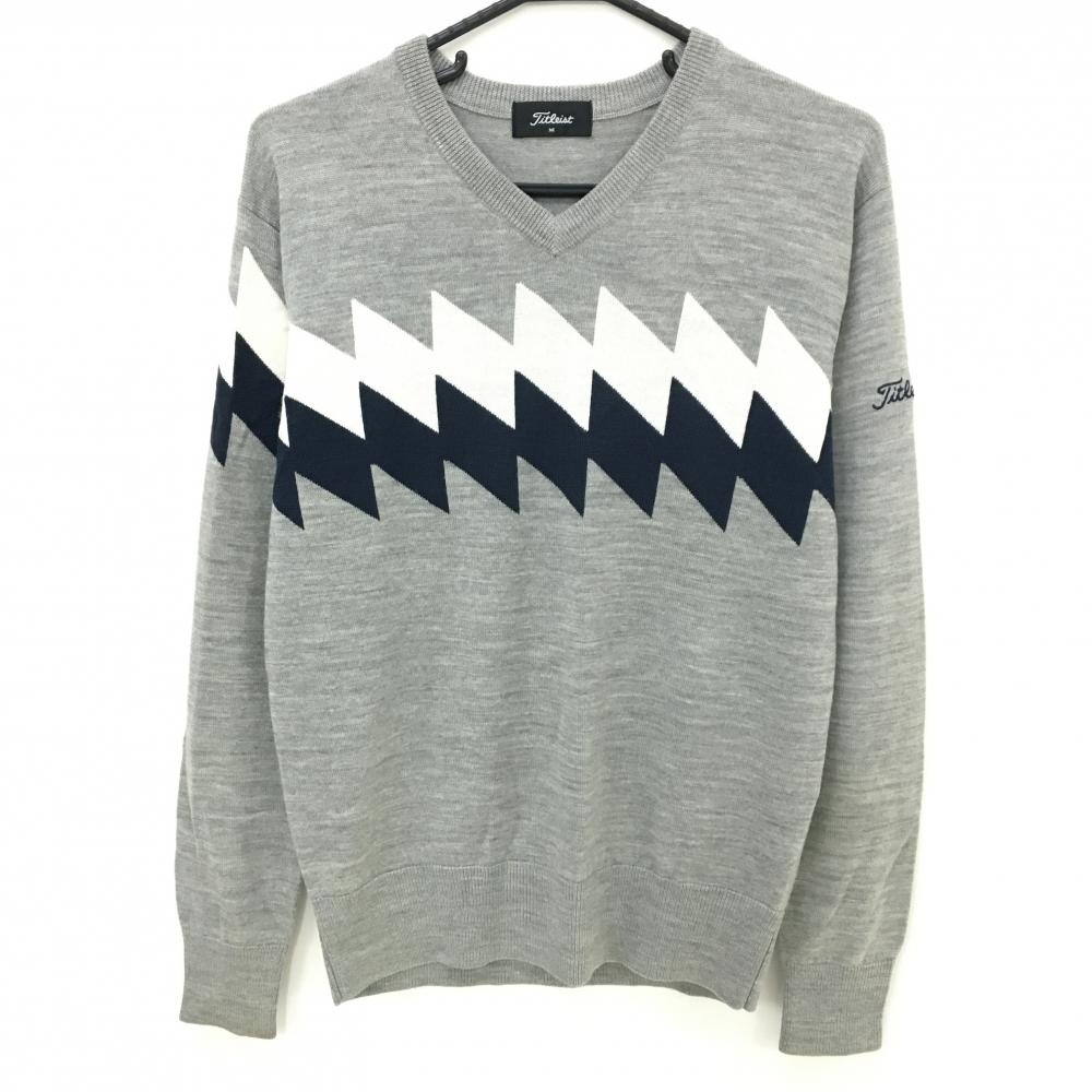 タイトリスト セーター グレー×白×ネイビー Vネック ギザギザ  メンズ M ゴルフウェア TITLEIST