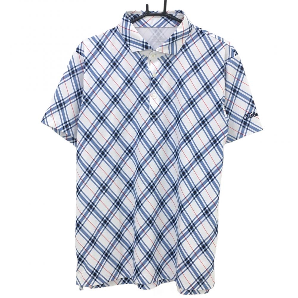 タイトリスト 半袖ポロシャツ 白×ライトブルー チェック 総柄  メンズ LL ゴルフウェア TITLEIST 画像