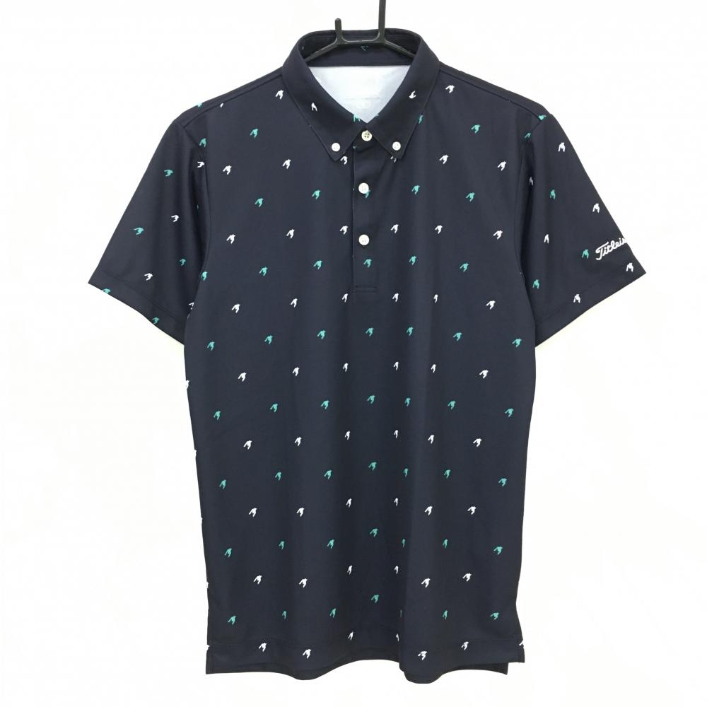 【美品】タイトリスト 半袖ポロシャツ ダークネイビー×グリーン×白 千鳥柄 ボタンダウン メンズ M ゴルフウェア TITLEIST