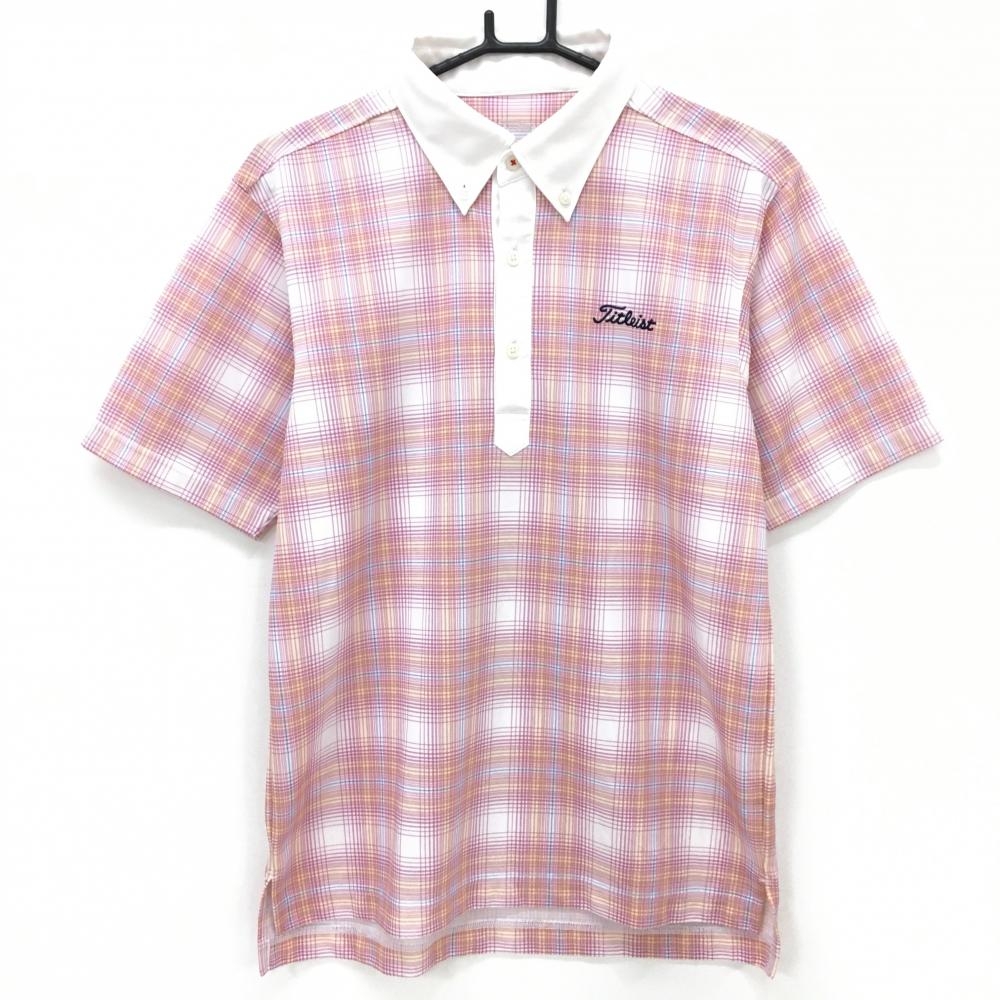 【美品】タイトリスト 半袖ポロシャツ 白×ピンク系×ブルー チェック ボタンダウン  メンズ L ゴルフウェア TITLEIST