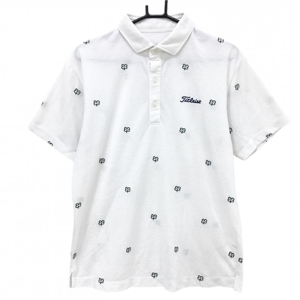 タイトリスト 半袖ポロシャツ 白×グリーン 総柄 クローバー メンズ LL ゴルフウェア TITLEIST