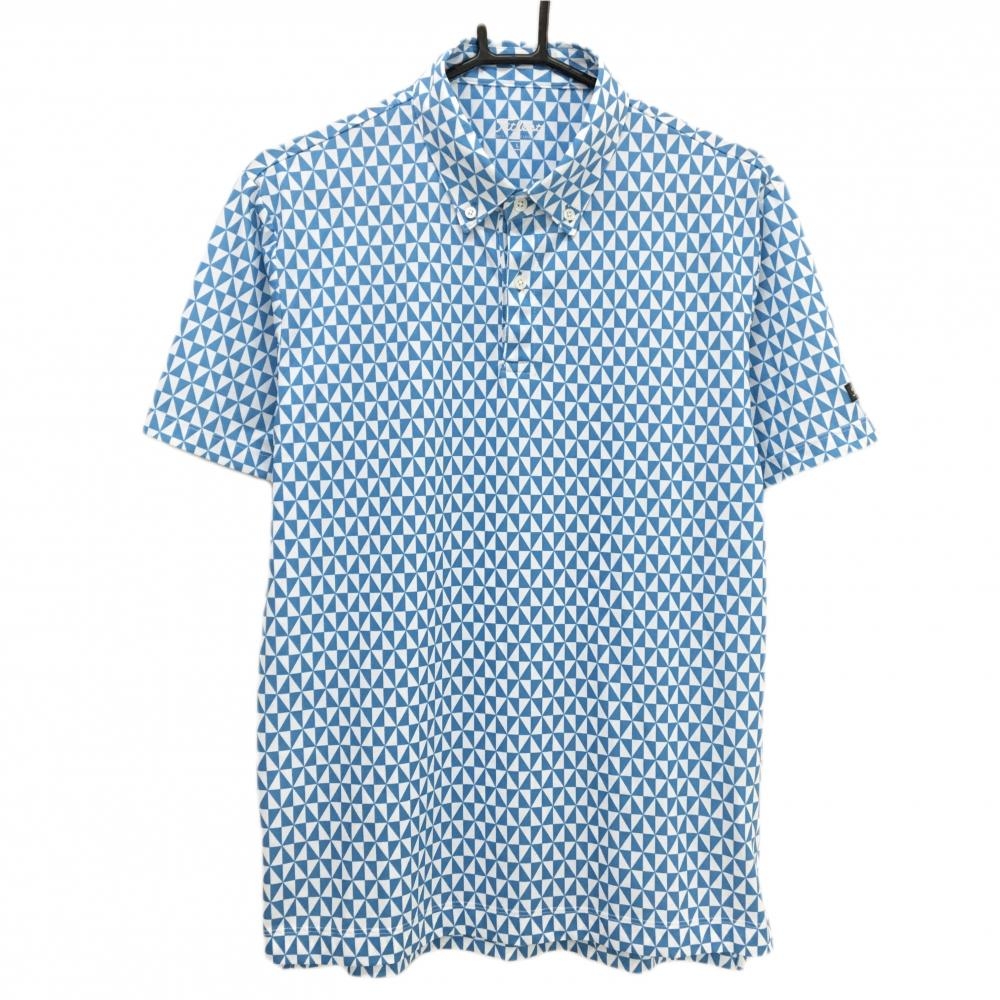 【超美品】タイトリスト 半袖ポロシャツ 白×ブルー 総柄 ボタンダウン 袖ロゴ メンズ L ゴルフウェア TITLEIST