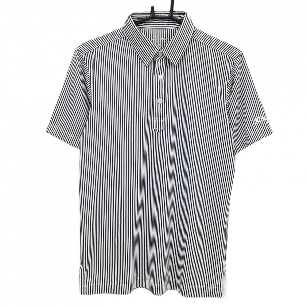 タイトリスト 半袖ポロシャツ 白×ネイビー ストライプ柄 袖ロゴ  メンズ M ゴルフウェア TITLEIST