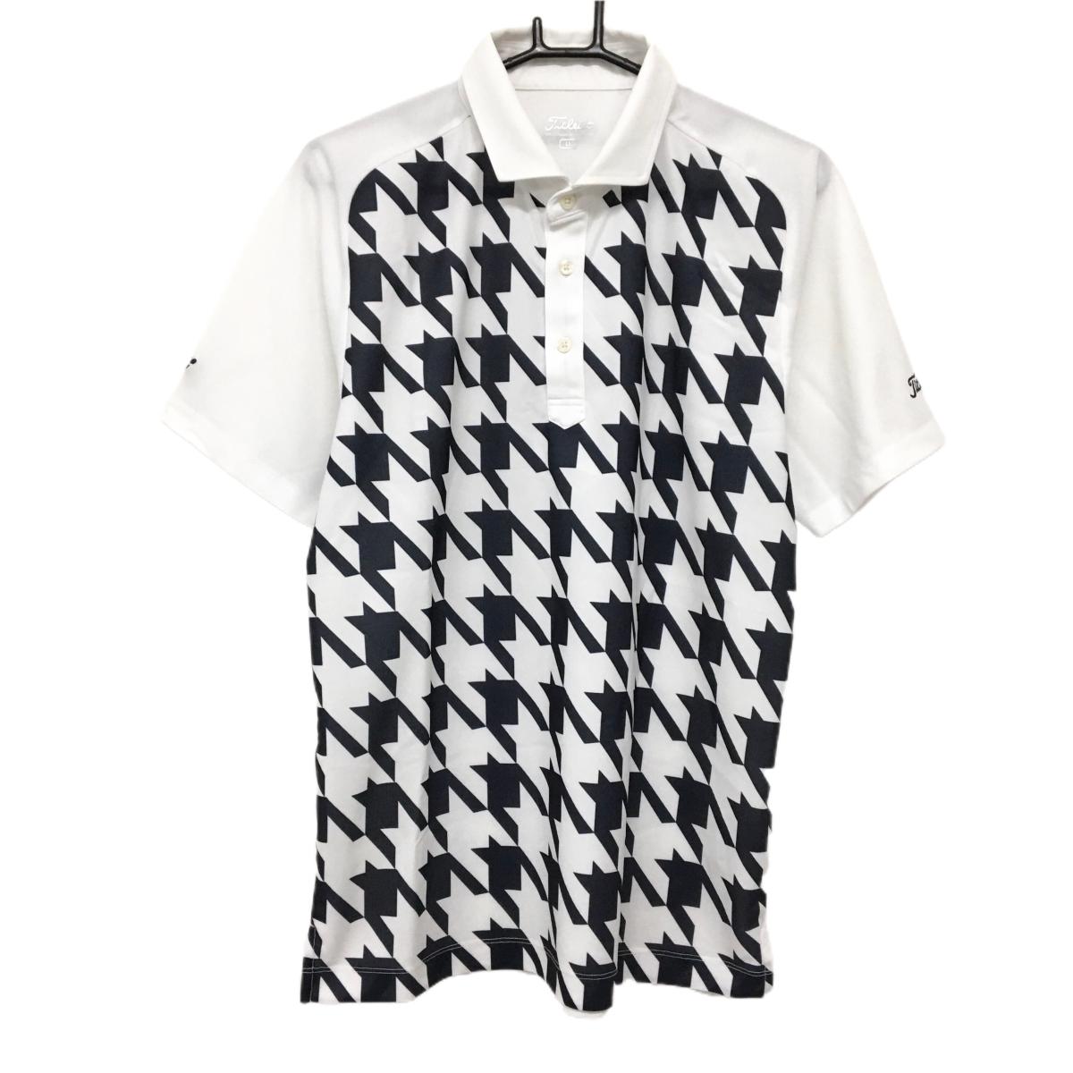 【美品】タイトリスト 半袖ポロシャツ 白×ネイビー 前身頃千鳥柄 ロゴ刺しゅう メンズ LL ゴルフウェア TITLEIST