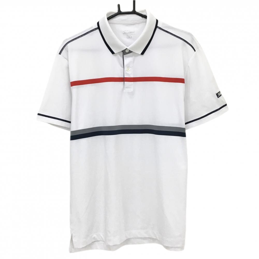 【美品】タイトリスト 半袖ポロシャツ 白×レッド×ネイビー 上部ライン 袖ワッペン メンズ LL ゴルフウェア TITLEIST