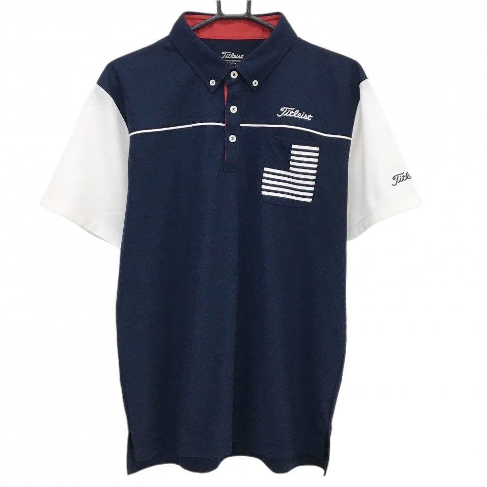 【美品】タイトリスト 半袖ポロシャツ ネイビー×白 胸ポケット ボタンダウン メンズ LL ゴルフウェア TITLEIST