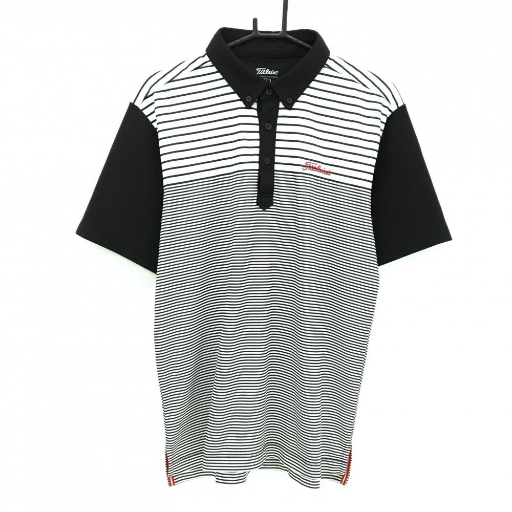 【美品】タイトリスト 半袖ポロシャツ 黒×白 ボーダー ボタンダウン メンズ LL ゴルフウェア TITLEIST