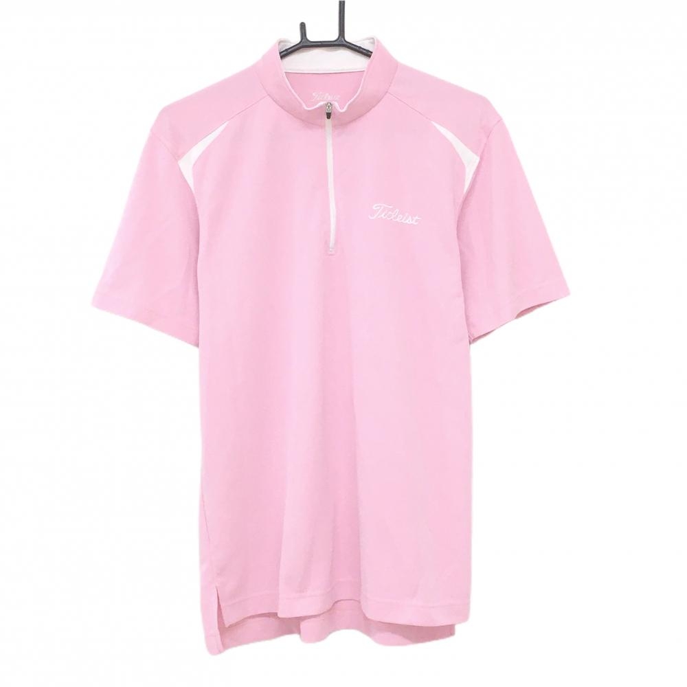 【美品】タイトリスト 半袖ハイネックシャツ ピンク×白 ロゴ刺しゅう ハーフジップ メンズ L ゴルフウェア TITLEIST