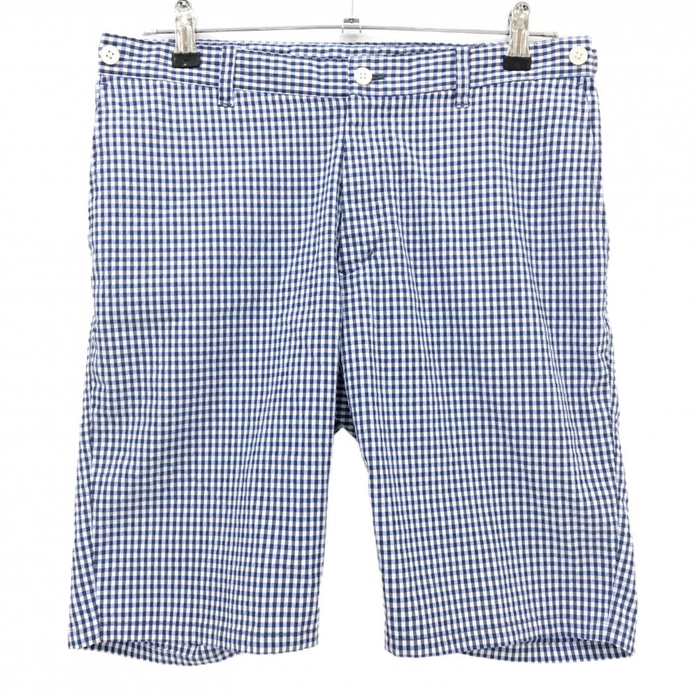 【超美品】タイトリスト ハーフパンツ 白×ネイビー チェック サッカー生地 ストレッチ メンズ M ゴルフウェア TITLEIST