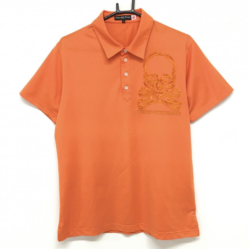 【超美品】ダンスウィズドラゴン 半袖ポロシャツ オレンジ 胸スカル メンズ 3(L) ゴルフウェア Dance With Dragon