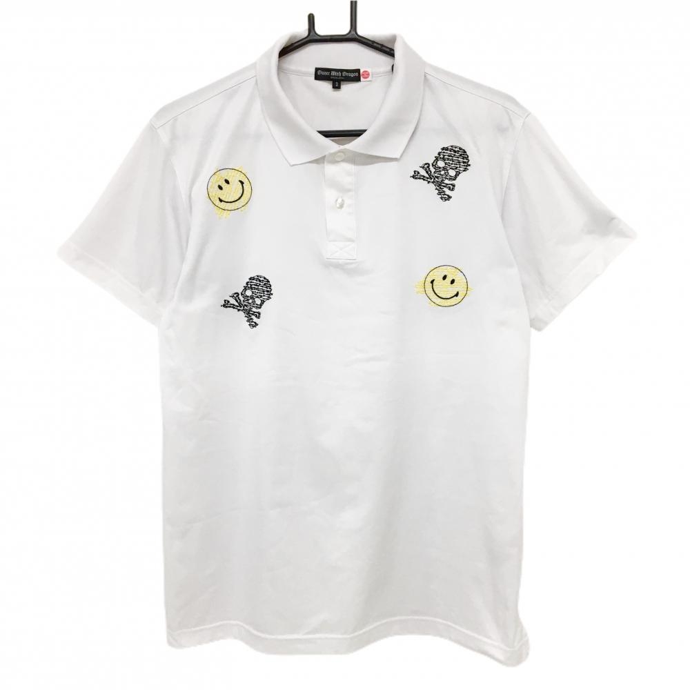 【超美品】ダンスウィズドラゴン 半袖ポロシャツ 白×黒 スカル ニコちゃん スマイル メンズ 3(L) ゴルフウェア Dance With Dragon