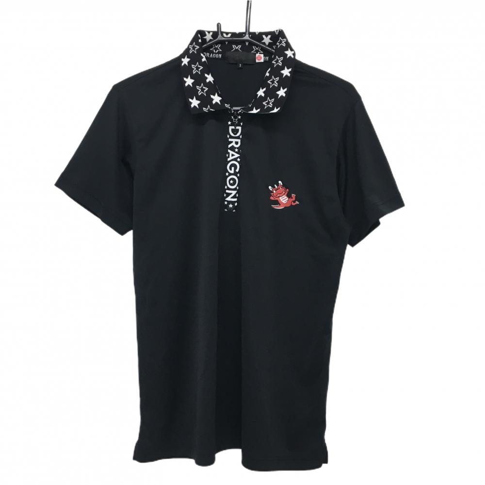 【超美品】ダンスウィズドラゴン 半袖ポロシャツ 黒×白 チビドラ ハーフジップ 襟星柄 メンズ 3(L) ゴルフウェア Dance With Dragon