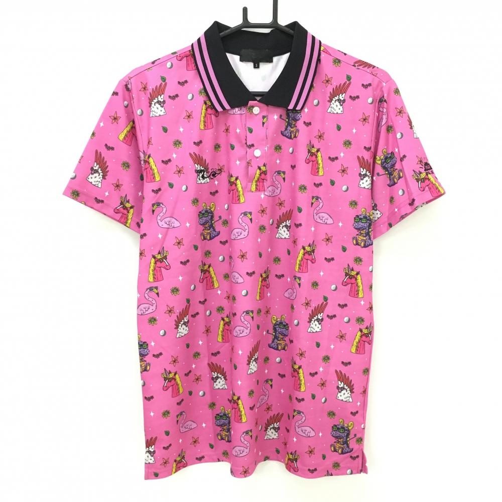 【超美品】ダンスウィズドラゴン×MULGA 半袖ポロシャツ ピンク×マルチカラー メンズ 3(L) ゴルフウェア Dance With Dragon