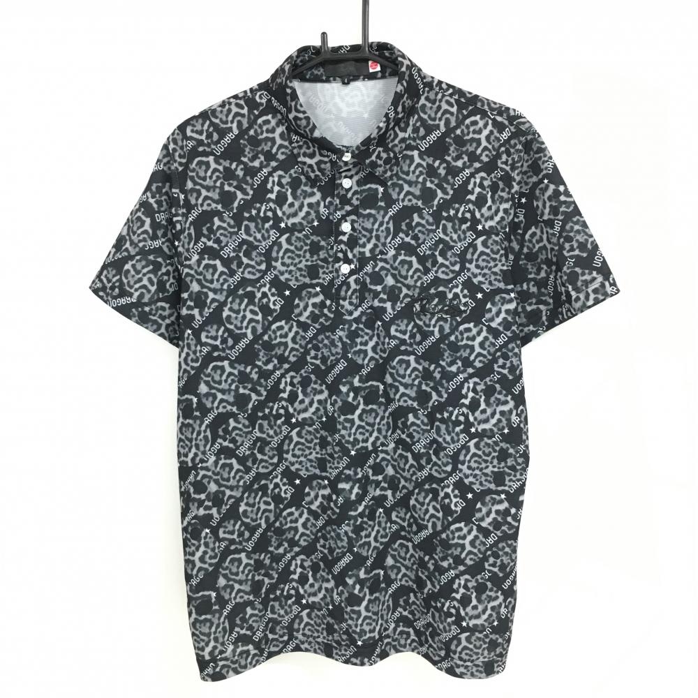 【超美品】ダンスウィズドラゴン 半袖ポロシャツ 黒×グレー ヒョウ柄スカル 総柄  メンズ 4(XL) ゴルフウェア Dance With Dragon