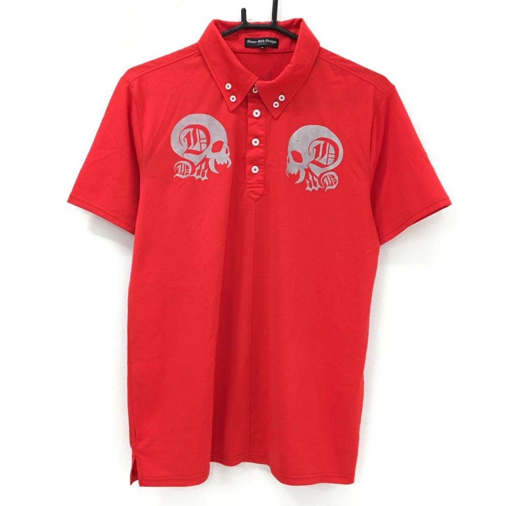 【美品】ダンスウィズドラゴン 半袖ポロシャツ レッド×グレー 胸スカル ボタンダウン  メンズ 3(L) ゴルフウェア Dance With Dragon