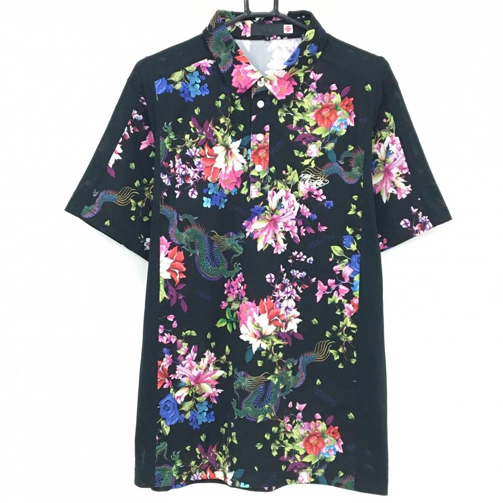 【美品】ダンスウィズドラゴン 半袖ポロシャツ 黒×マルチカラー 花柄 ドラゴン総柄 メンズ 5(2XL) ゴルフウェア Dance With Dragon