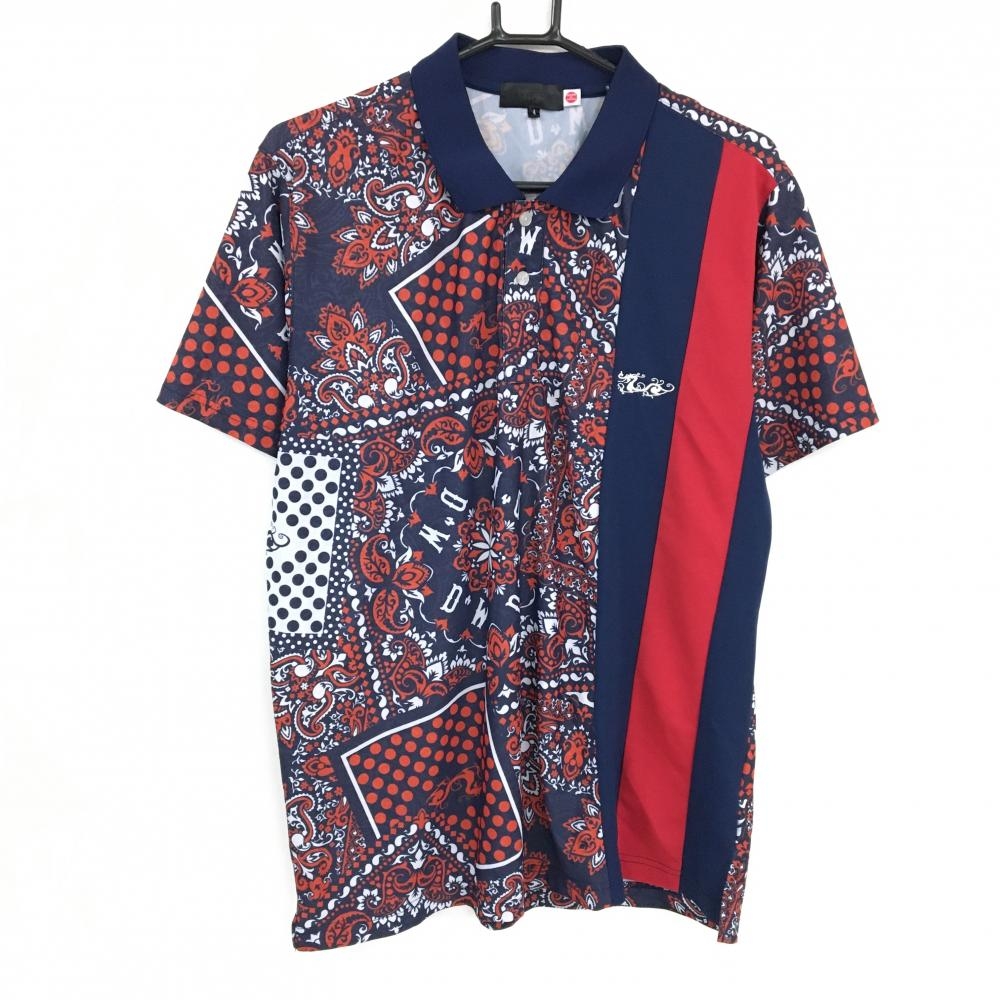 【美品】ダンスウィズドラゴン 半袖ポロシャツ ネイビー×レッド×白 総柄 胸ロゴ メンズ 4(XL) ゴルフウェア Dance With Dragon