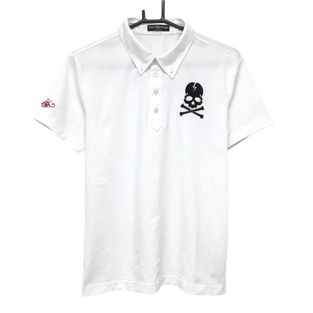 【美品】ダンスウィズドラゴン 半袖ポロシャツ 白系×黒 ボタンダウン 胸スカルロゴ  メンズ 2(M) ゴルフウェア Dance With Dragon