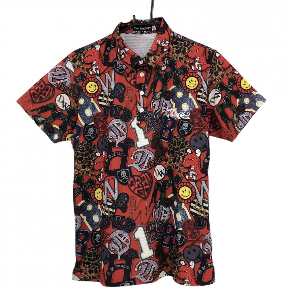 【超美品】ダンスウィズドラゴン 半袖ポロシャツ レッド×黒 総柄 チビドラ  メンズ 3(L) ゴルフウェア Dance With Dragon