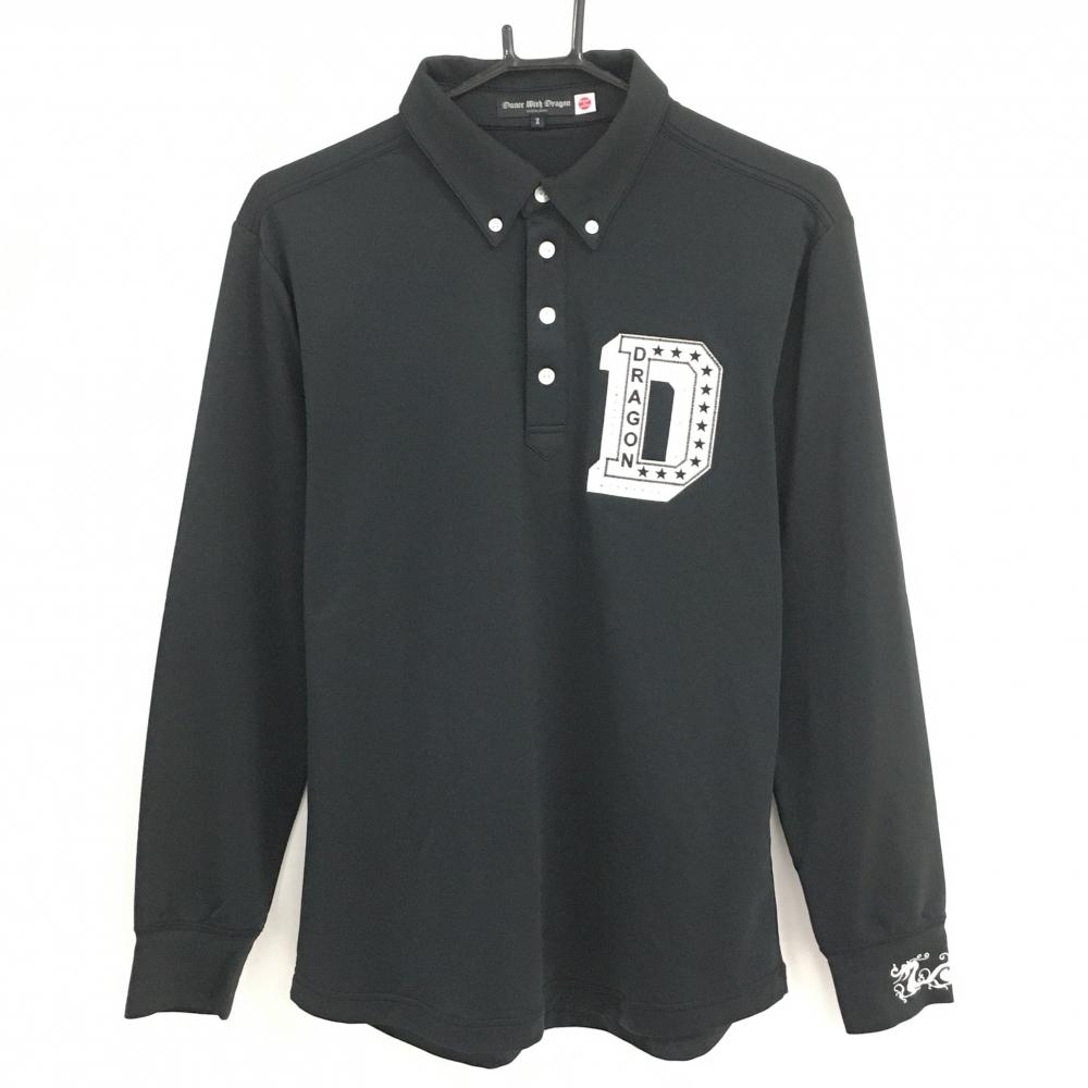 【美品】ダンスウィズドラゴン 長袖ポロシャツ 黒 ワッペンスパンコール ボタンダウン  メンズ 2(M) ゴルフウェア Dance With Dragon