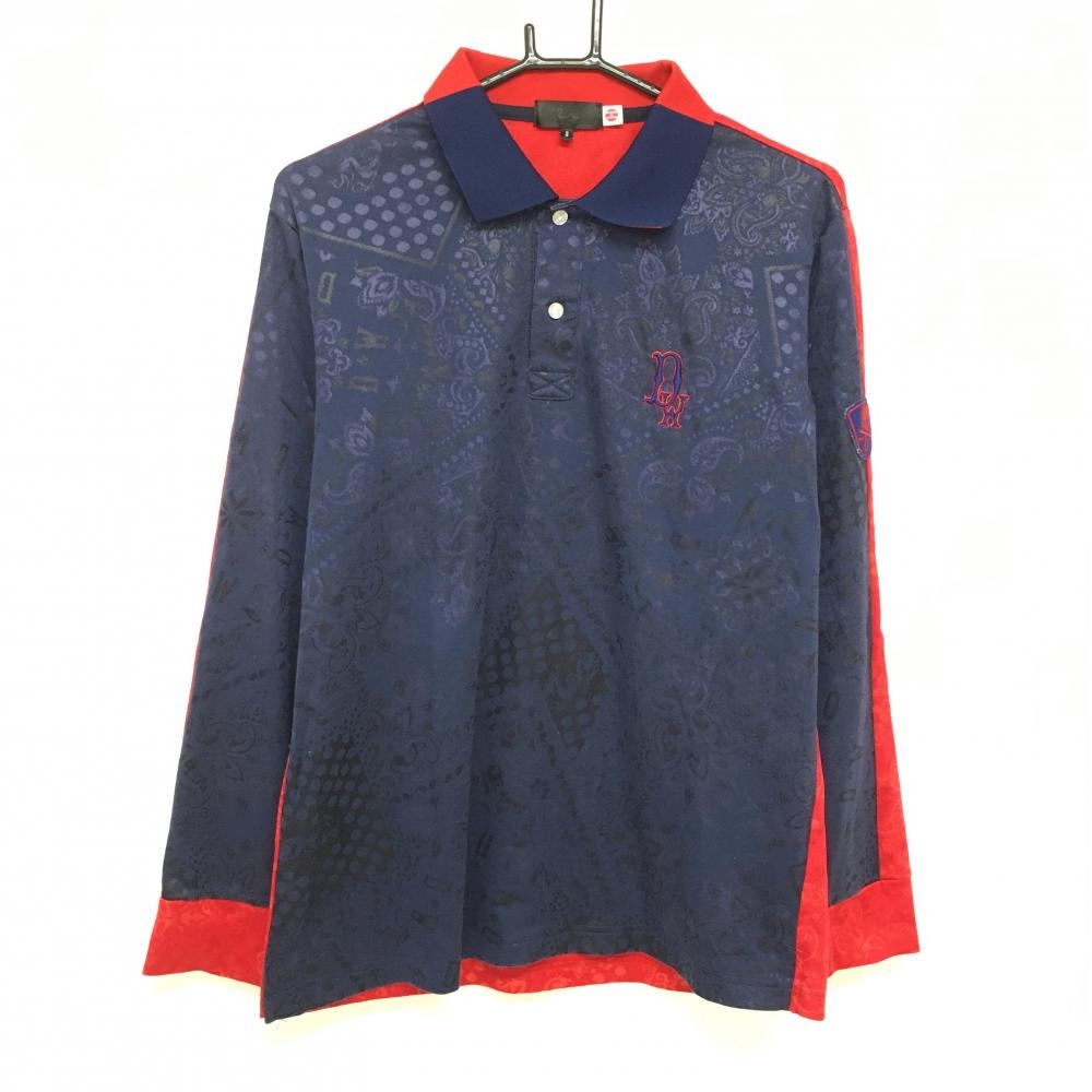 【美品】ダンスウィズドラゴン 長袖ポロシャツ ネイビー系×レッド系 総柄 胸ロゴ刺しゅう メンズ 3(L) ゴルフウェア Dance With Dragon